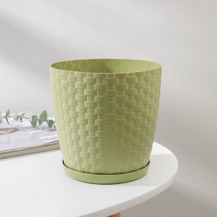 Горшок для цветов с поддоном «Ротанг», 2 л, d=15 см, h=14 см, пластиковый, оливковый