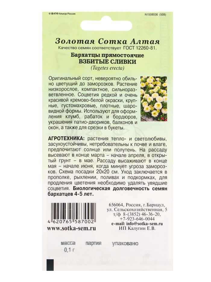 Семена Бархатцы «Взбитые Сливки», прямостоячие, 0.1 г, «Золотая Сотка Алтая»