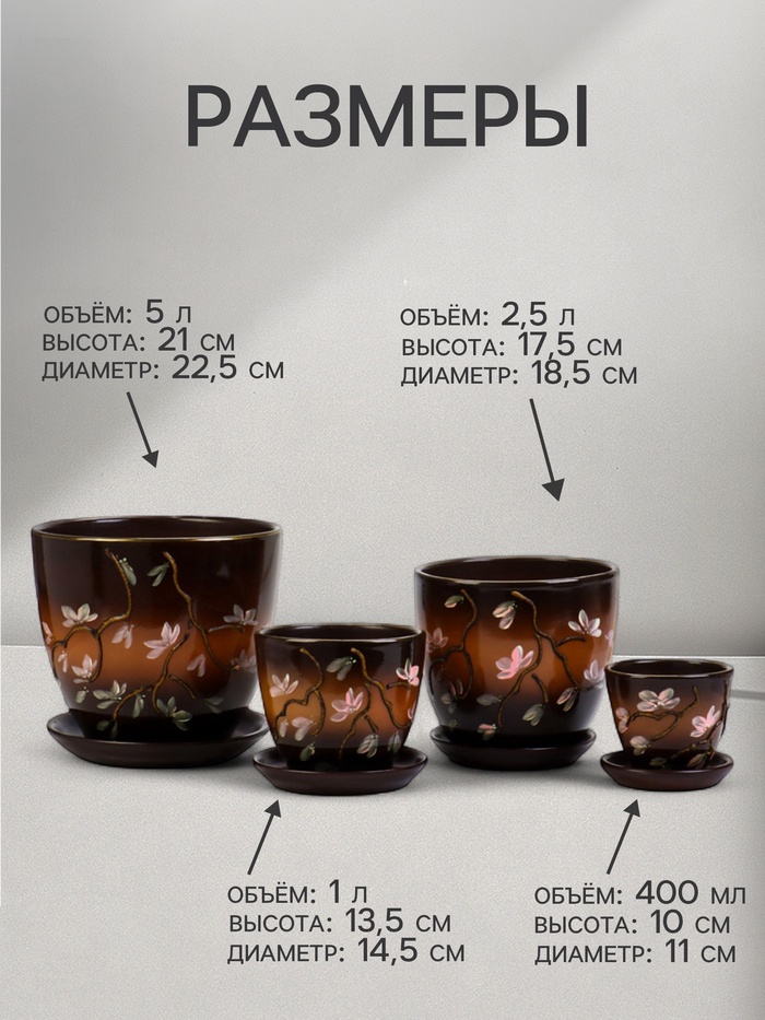 Горшок для цветов «Миндаль», керамика, с поддоном, набор 4 шт.: 400 мл, 1 л, 2.5 л, 5 л