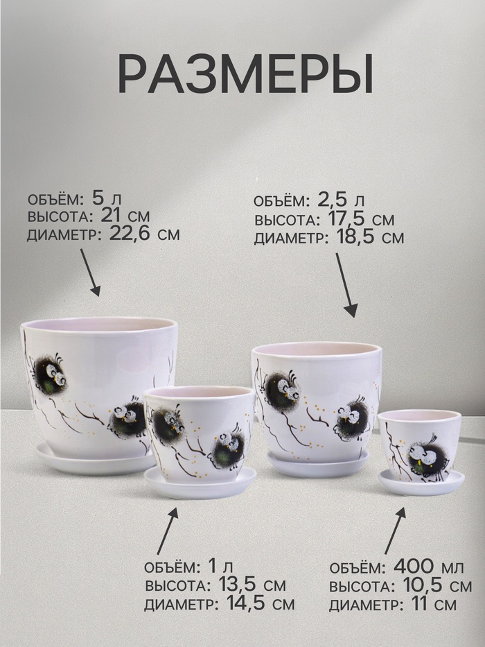 Горшок для цветов «Птички», керамика, с поддоном, набор 4 шт.: 400 мл, 1 л, 2.5 л, 5 л