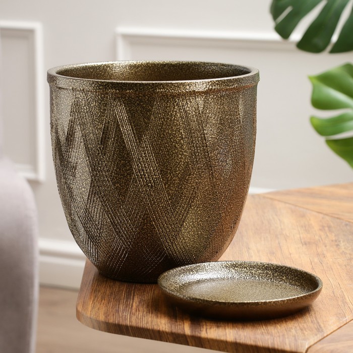 Горшок для цветов «Греция», керамический, с поддоном, 5 л, цвет тёмное золото