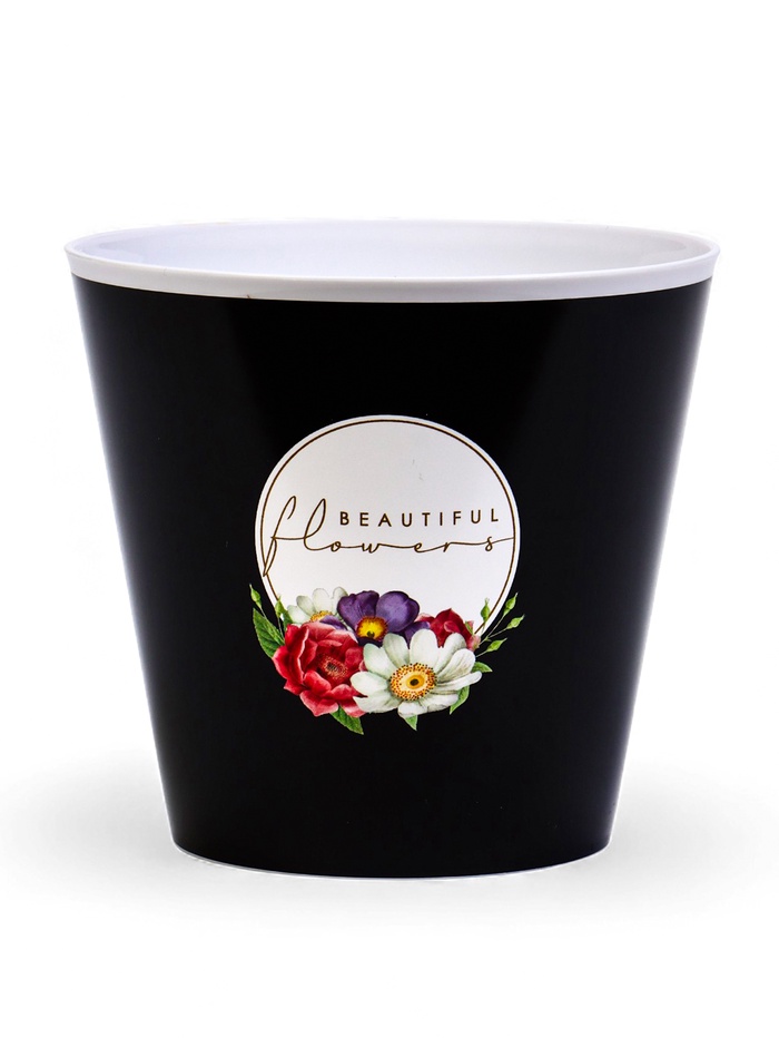 Кашпо для цветов «Цветы», 800 мл, d=12 см, h=11 см, пластиковое, чёрное