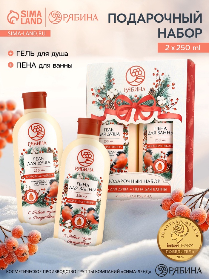 Подарочный набор косметики новогодний «С Новым годом и Рождеством», гель для душа и пена для ванны 2×250 мл, РЯБИНА