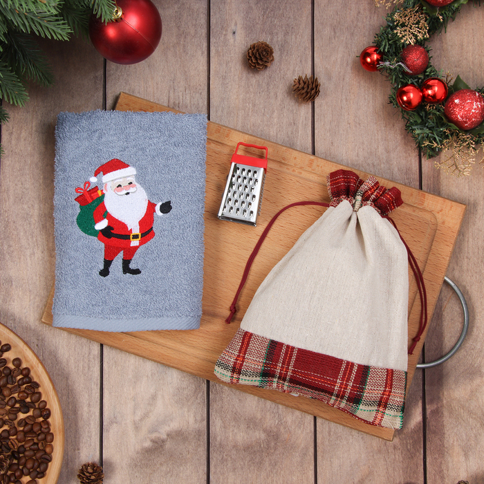 Набор в мешочке «Этель. Дедушка Мороз»: полотенце 35×60 см, тёрка 7.7×3.7×3 см