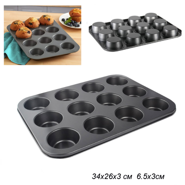 Форма для выпечки кексов и капкейков 12 ячеек 35х26 см / d-6,5;h-3 см / RSE-600 /уп 60/ 0.353