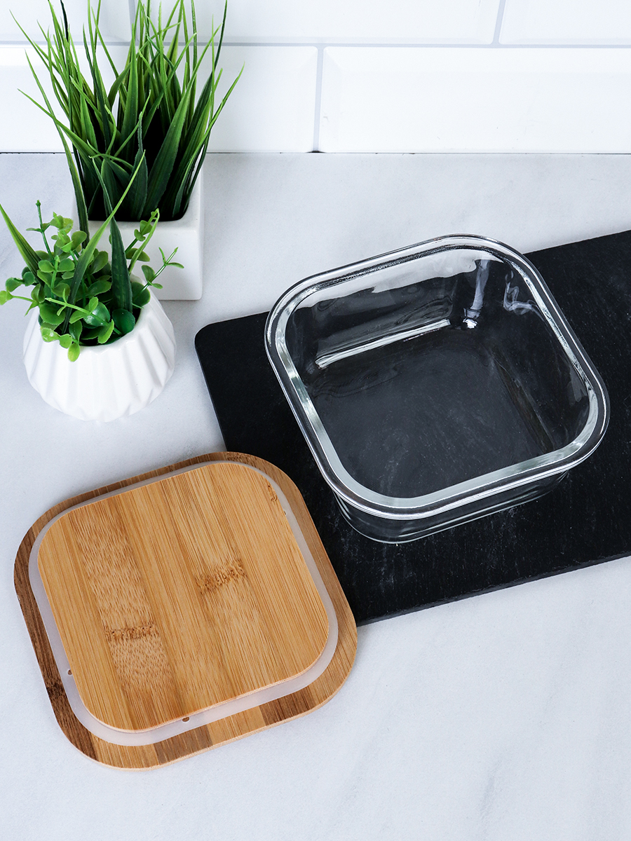 Контейнер квадратный крышка бамбук 500 мл стекло / K500 /уп 36/