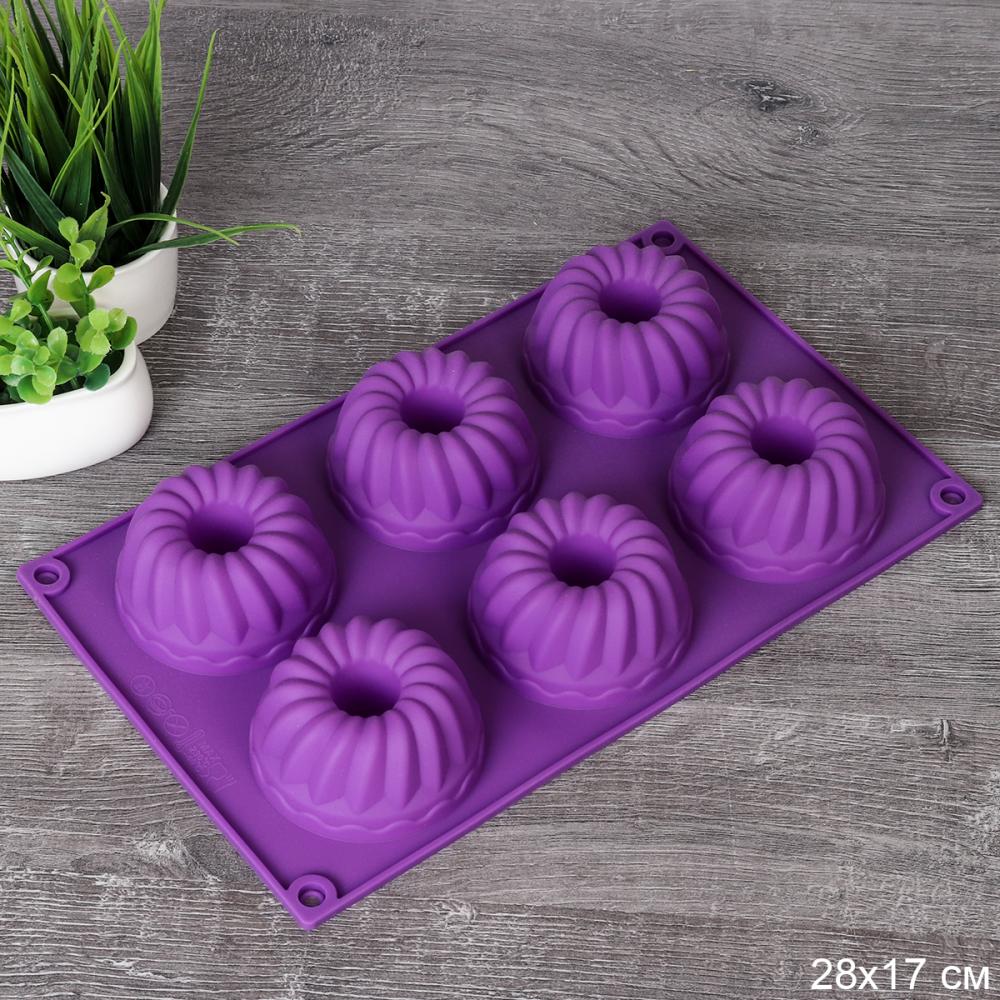 Форма для выпечки 6 ячеек силиконовая Маффины с отверстием 3,5 см / HL-064 /уп 200/ 0.120/ 28*17*3,5/