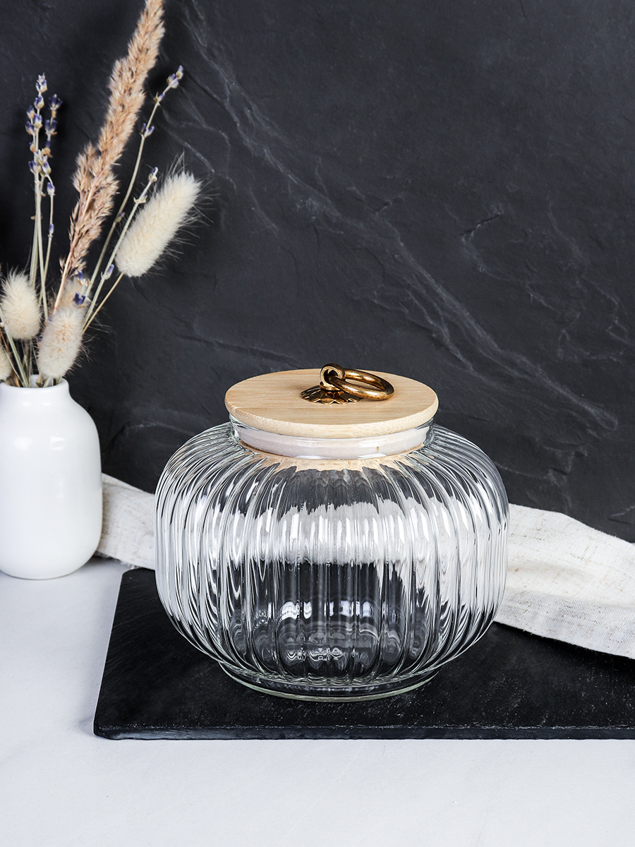 Банка для сыпучих бамбуковая крышка Бочонок рифленая 850 мл / 9544 /уп 60/