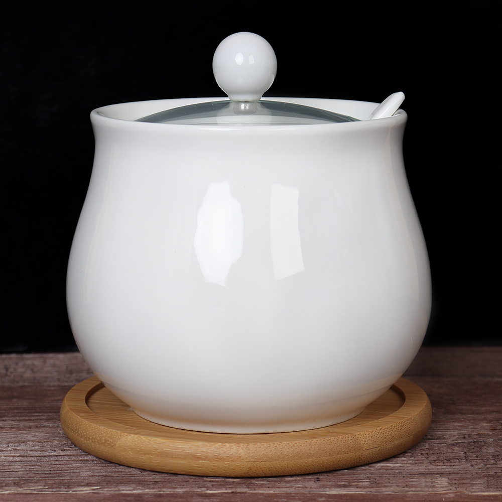 Сахарница 650 мл с ложкой / CF107 /уп 36/ на деревянной подставке