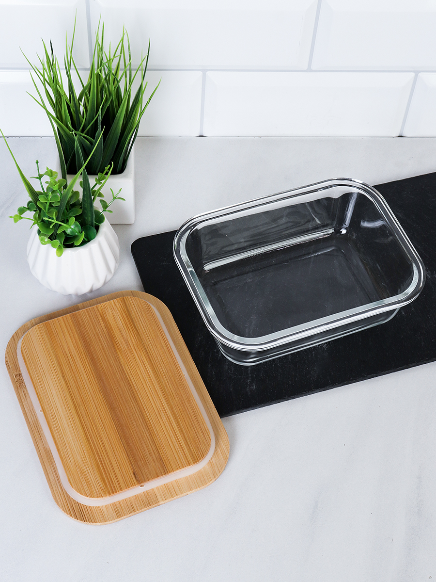 Контейнер прямоугольный крышка бамбук 640 мл стекло / P640 /уп 36/