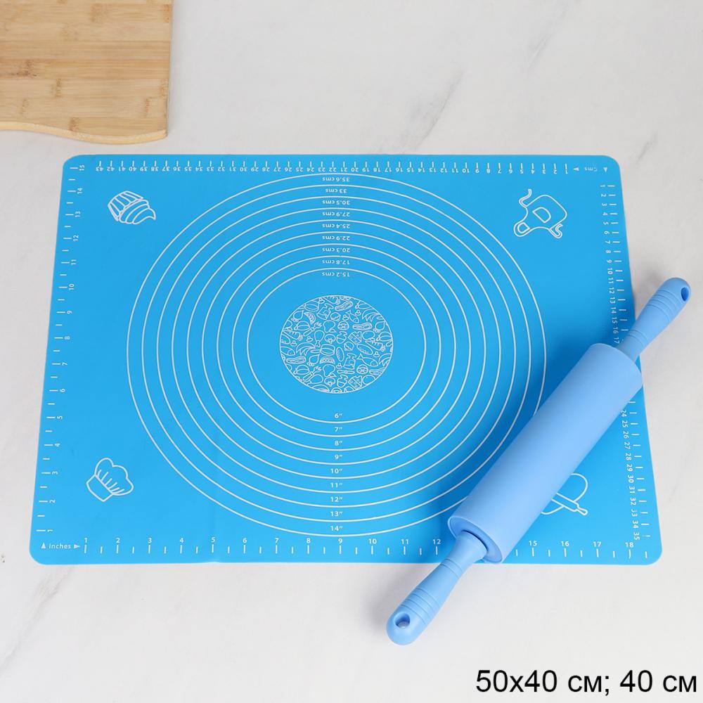 Кондитерский набор Силиконовый коврик 50х40 см и скалка / GY-633-E+GR-476 Голубой