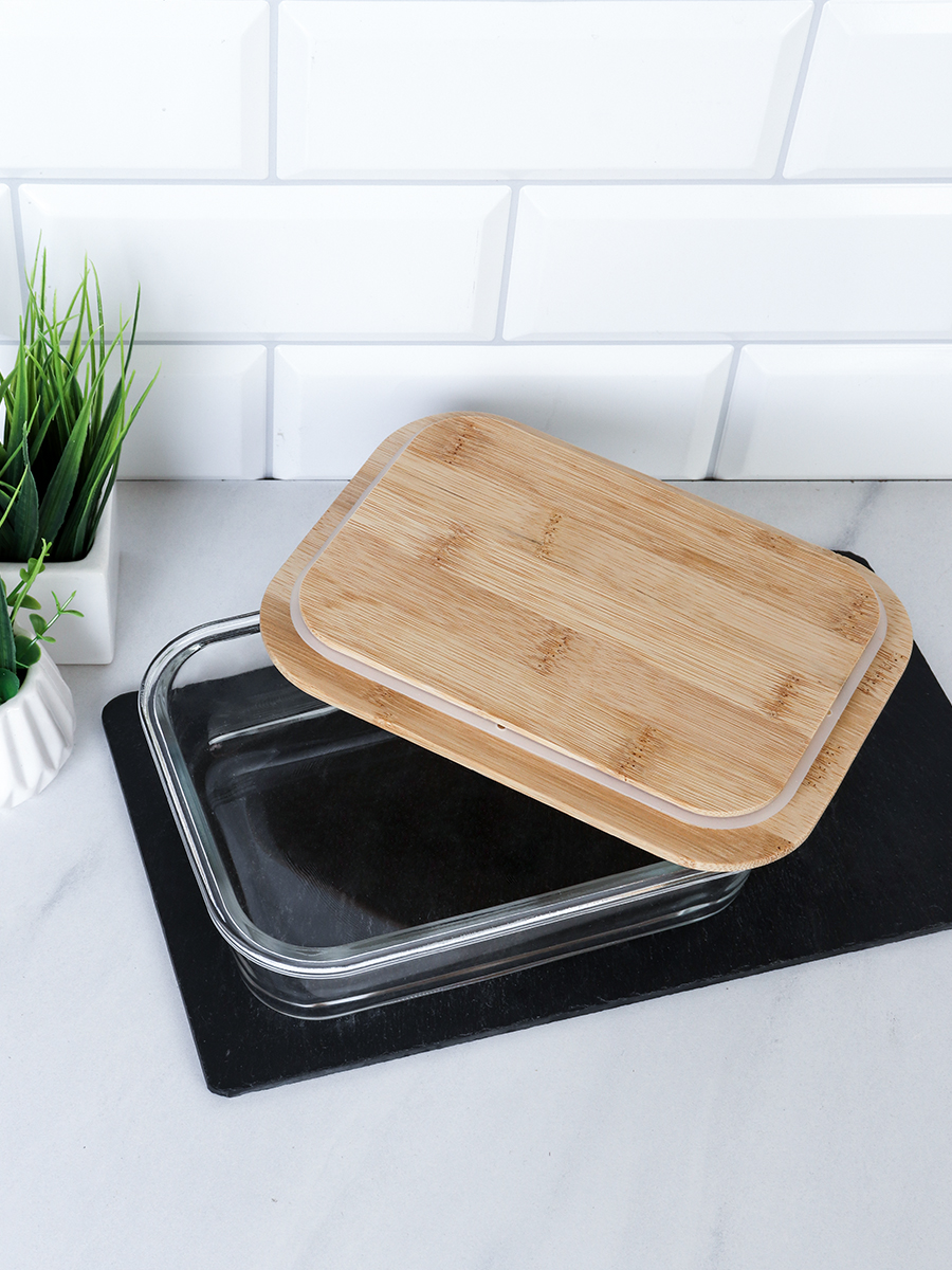 Контейнер прямоугольный крышка бамбук 1000 мл стекло / P1040 /уп 24/