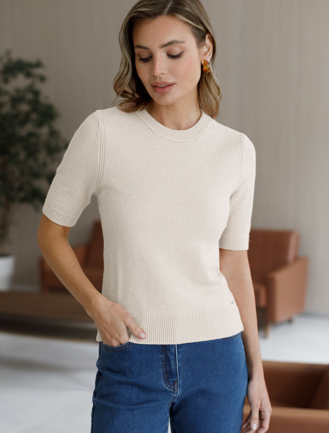 Ст.цена 1950р Джемпер из пряжи с кашемиром D39.358 овсяный меланж