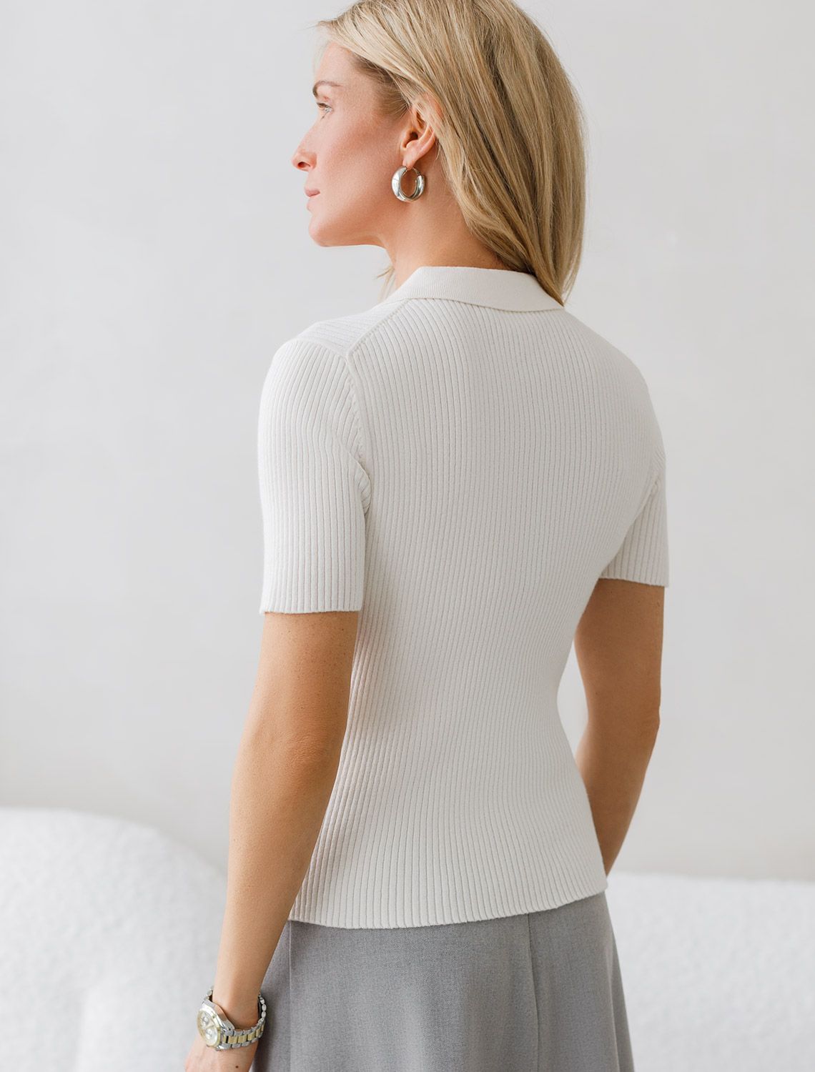 Ст.цена 2090р Джемпер-поло с застежкой на молнии из хлопка с кашемиром D39.351 натуральный белый