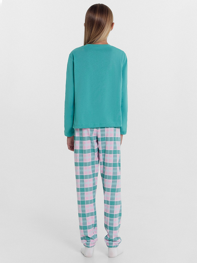 Комплект для девочек (джемпер, брюки) в бирюзовую клетку