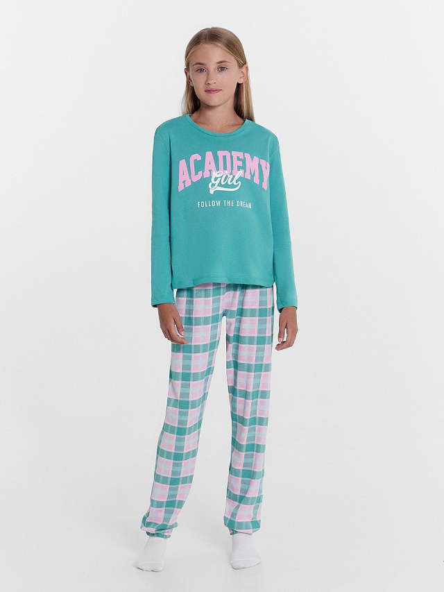 Комплект для девочек (джемпер, брюки) в бирюзовую клетку