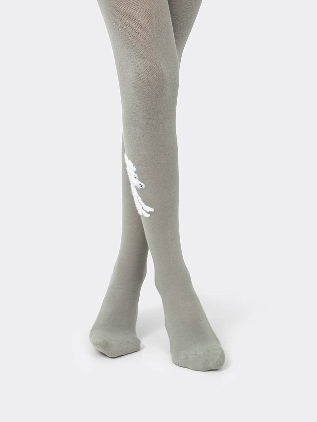 Детские гладкие колготки оливкового цвета с рисунком в виде пуделя