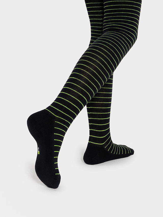 Колготы для девочек с махровой стопой черные в полоску