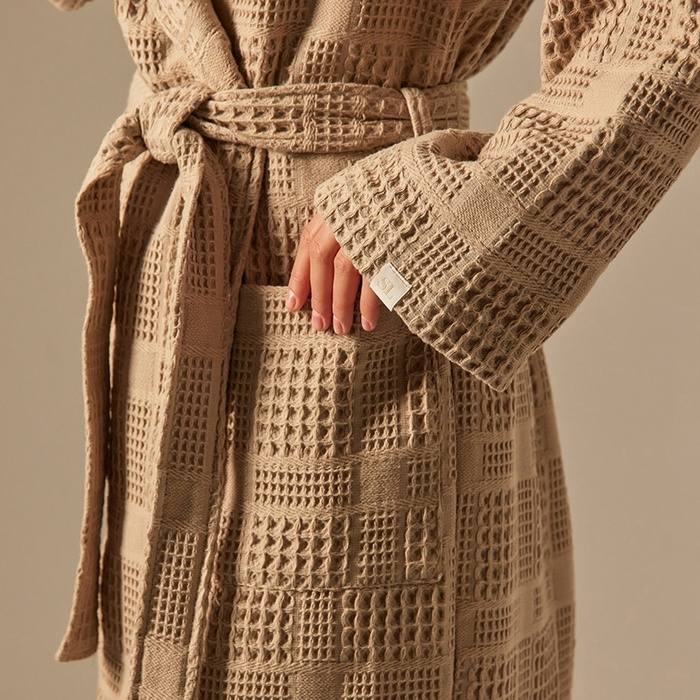 Халат вафельный женский SL HOME: Chess «Саббиа», размер L, хлопок 100%, коричневый