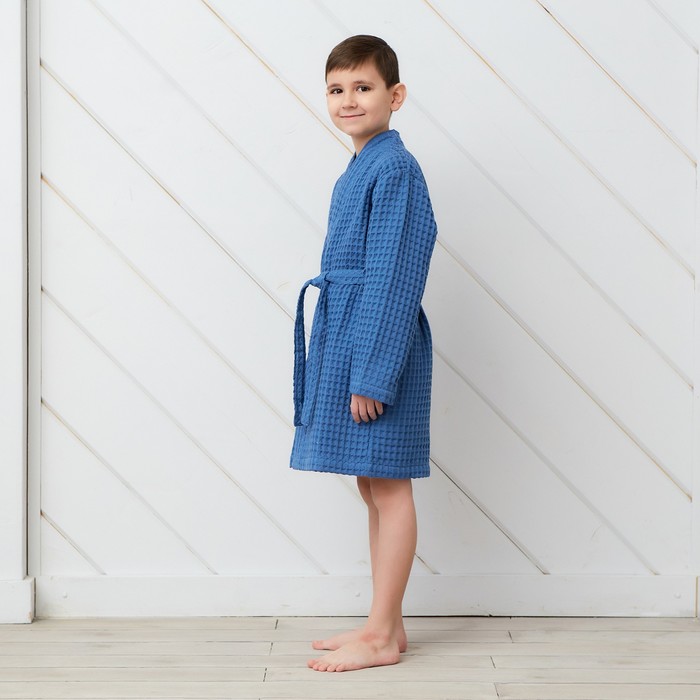 Халат вафельный детский Крошка Я Boho размер 30 (98-104 см), синий, 100% хлопок 290 г/м²