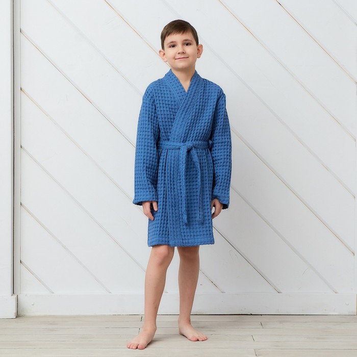 Халат вафельный детский Крошка Я Boho размер 30 (98-104 см), синий, 100% хлопок 290 г/м²