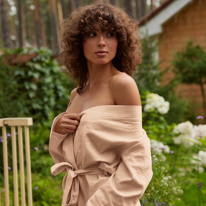 Халат вафельный женский удлинённый Экономь и Я размер 50-52, цвет бежевый, 100% хлопок, 200 г/м²