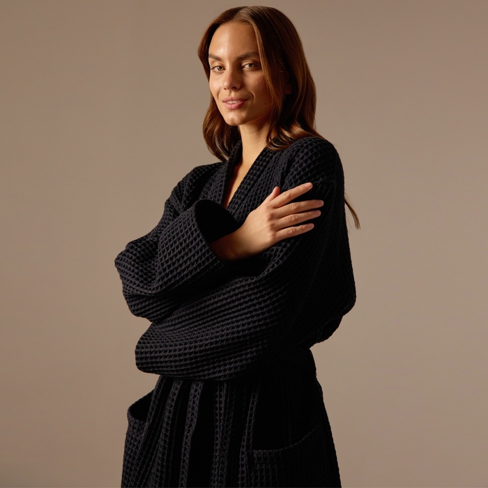 Халат вафельный женский SL HOME: Boho «Дарк Маре», размер XL, хлопок 100%, чёрный