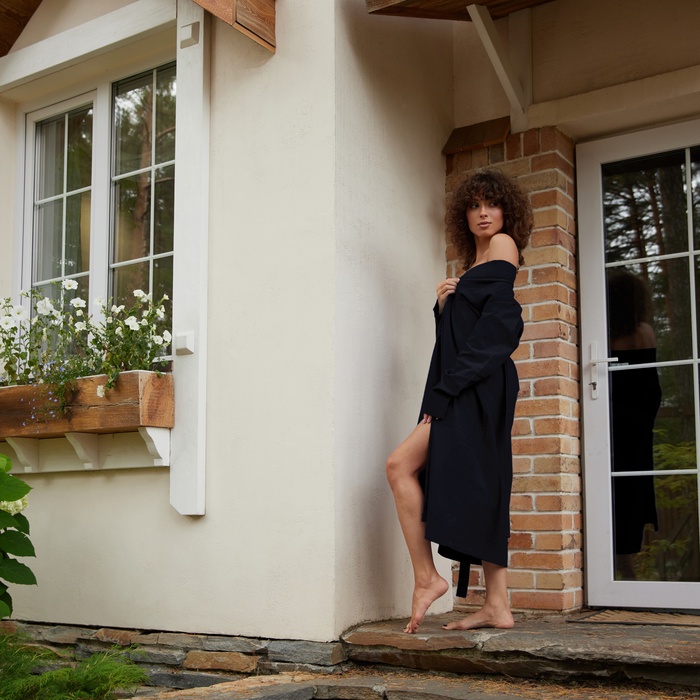 Халат вафельный женский удлинённый Экономь и Я размер 46-48, цвет черный, 100% хлопок, 200 г/м²