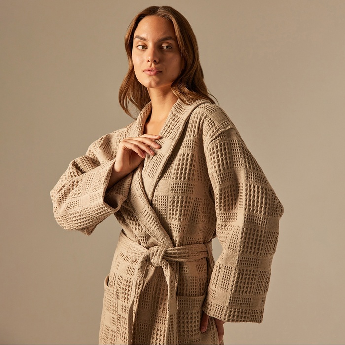 Халат вафельный женский SL HOME: Chess «Саббиа», размер L, хлопок 100%, коричневый