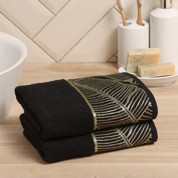 Полотенце махровое Love Life Leaves 70×140 см, чёрное 100%, чёрное