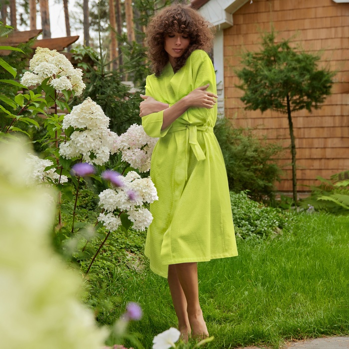 Халат вафельный женский Экономь и Я рукав 3/4, размер 46-48, салатовый, 100% хлопок, 200 г/м²