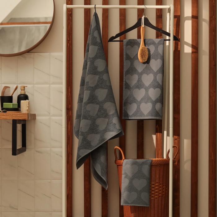 Полотенце махровое Love Life Hearts, 70×140 см, хлопок 100%, тёмно-серое