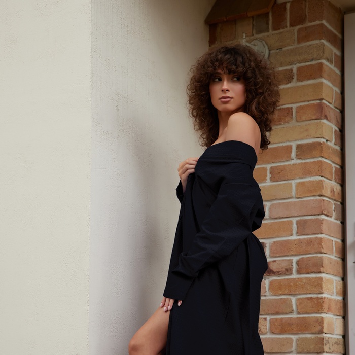 Халат вафельный женский удлинённый Экономь и Я размер 46-48, цвет черный, 100% хлопок, 200 г/м²