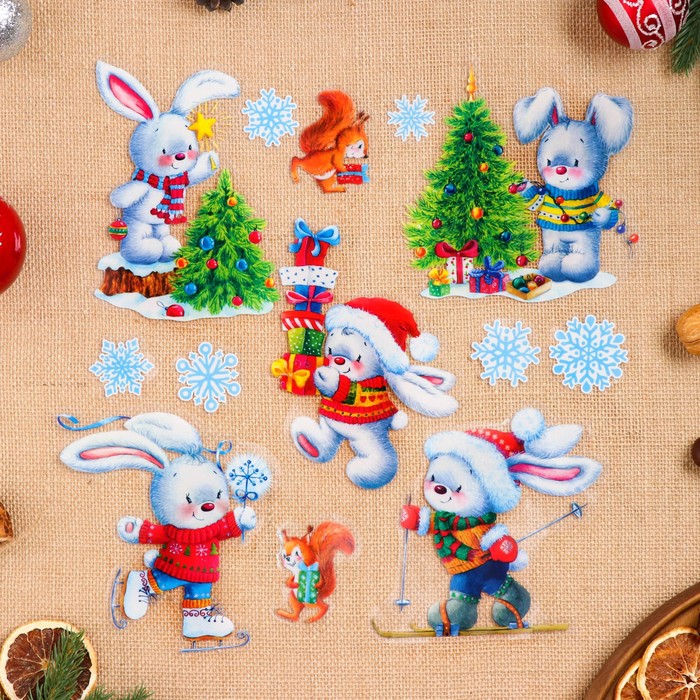 Наклейки новогодние «Зимние зайки» 49×33.5 см