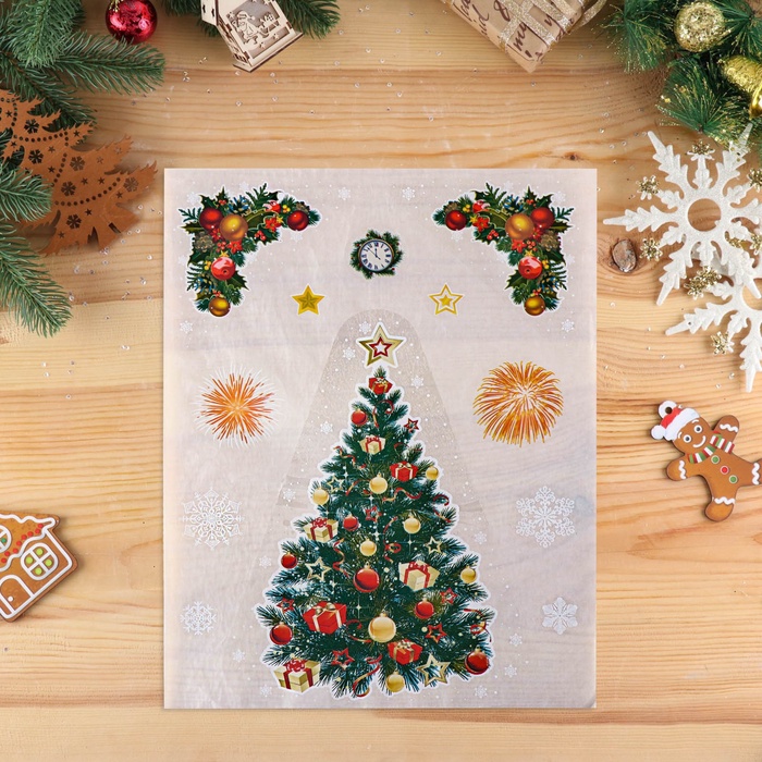 Наклейки новогодние «Ёлка и салюты», 40×30 см