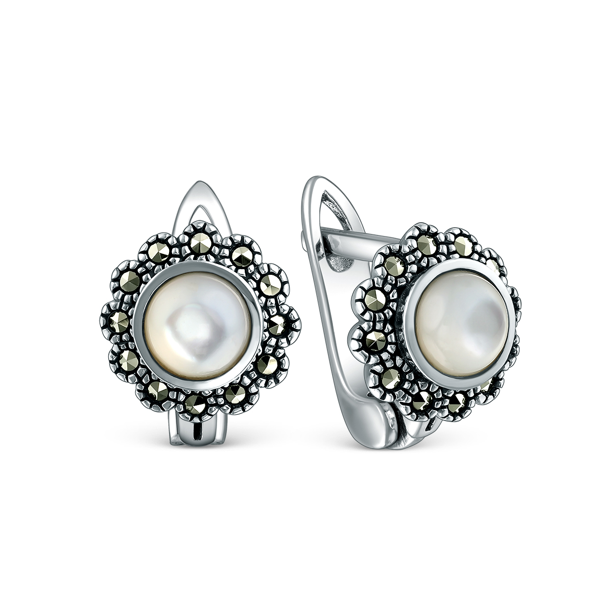 Серьги из чернёного серебра с перламутром и марказитами HE1593-MP-LK