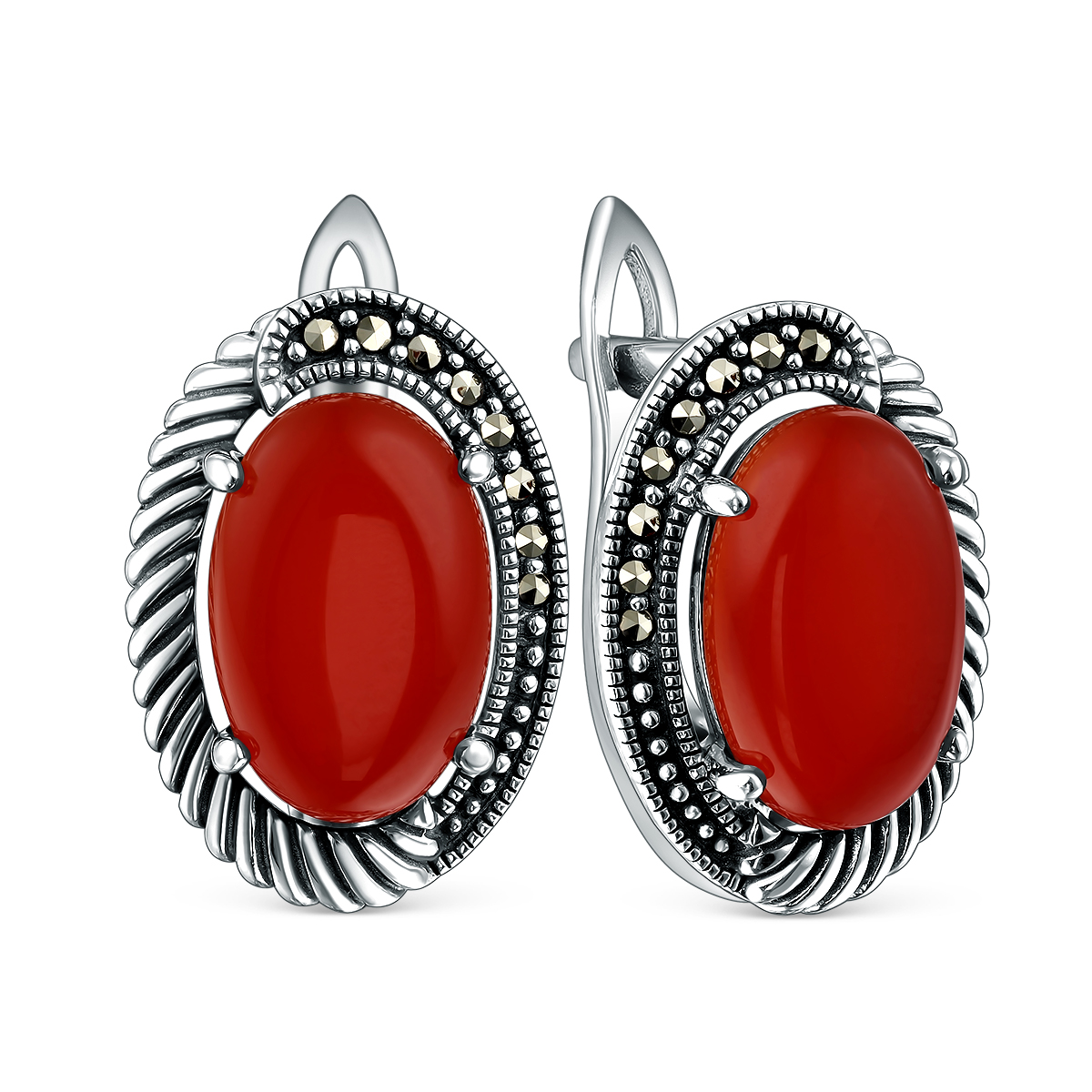 Серьги из чернёного серебра с агатом и марказитами HE1750-RD-LK