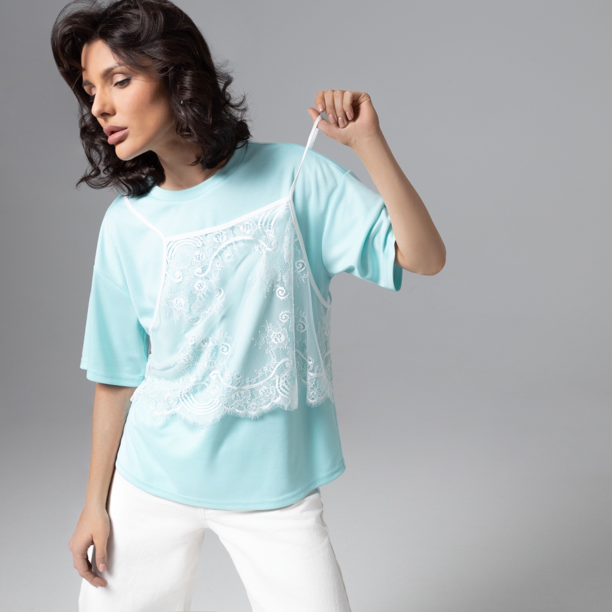 Ст.цена 1790р. Футболка оверсайз, Модный тандем (мятный 2 в 1)