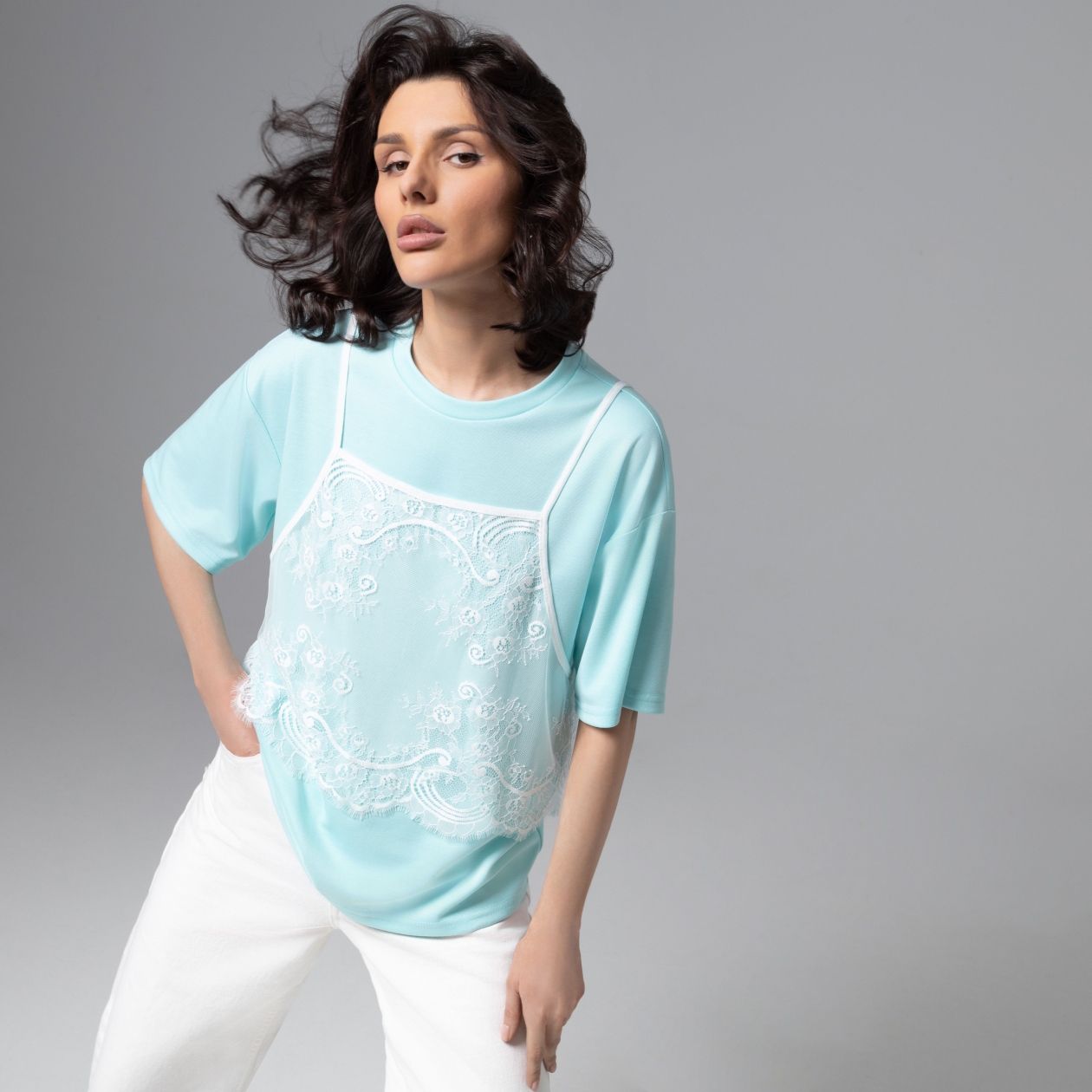 Ст.цена 1790р. Футболка оверсайз, Модный тандем (мятный 2 в 1)