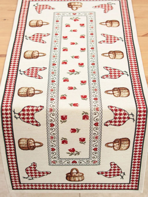 Петушки и курочки красный бордюр Салфетка 40х100 см 2100660