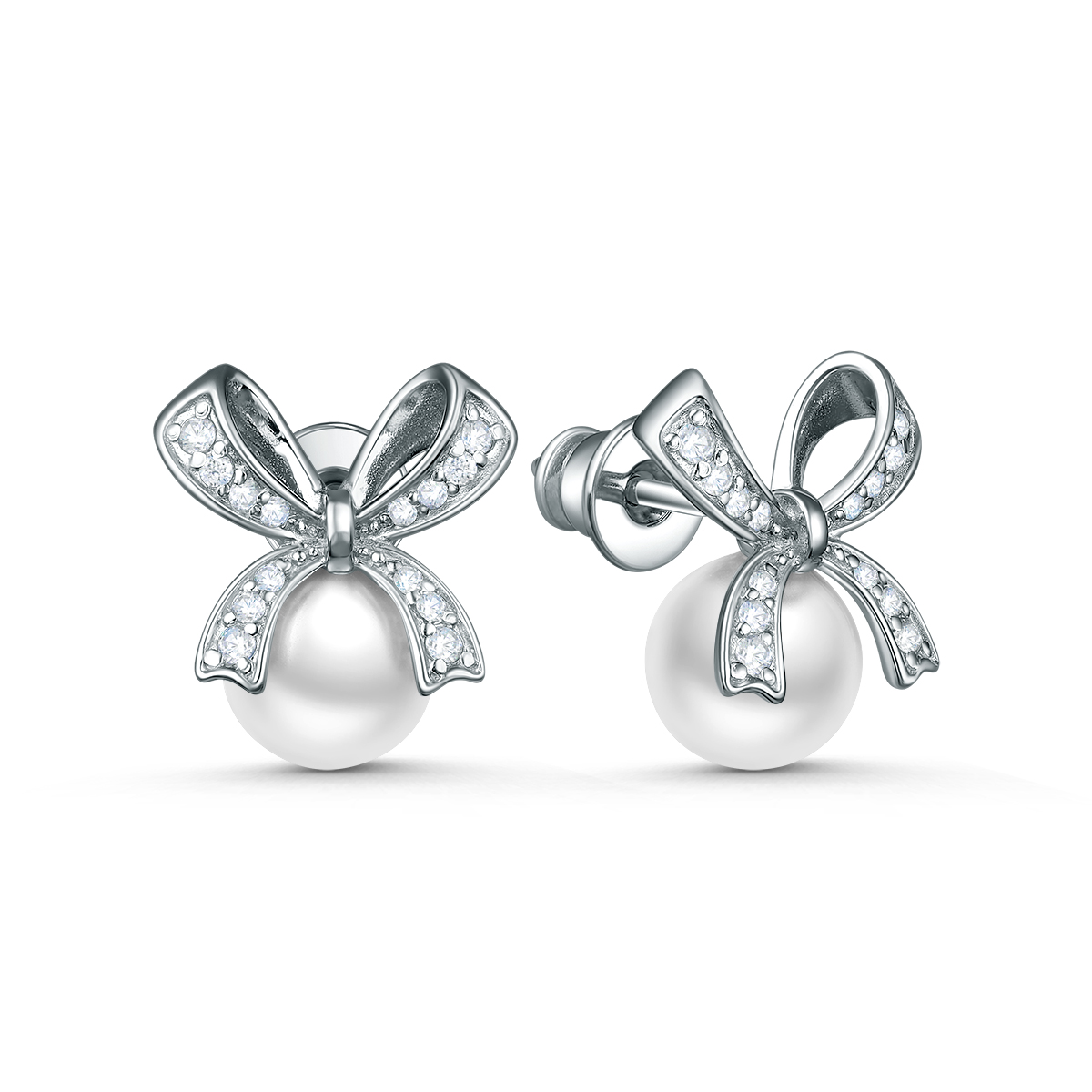 Серьги-пусеты из серебра с жемчугом Swarovski и фианитами родированные - Бантики 2-146р1001
