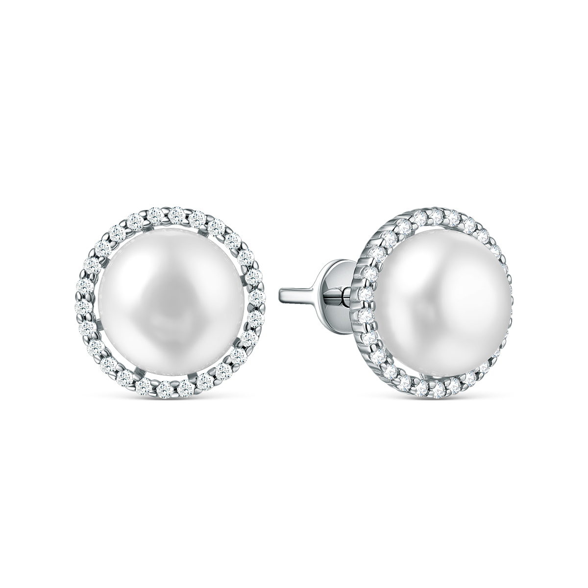 Серьги-пусеты из серебра с культивированным жемчугом и фианитами родированные 925 пробы Z2-9122