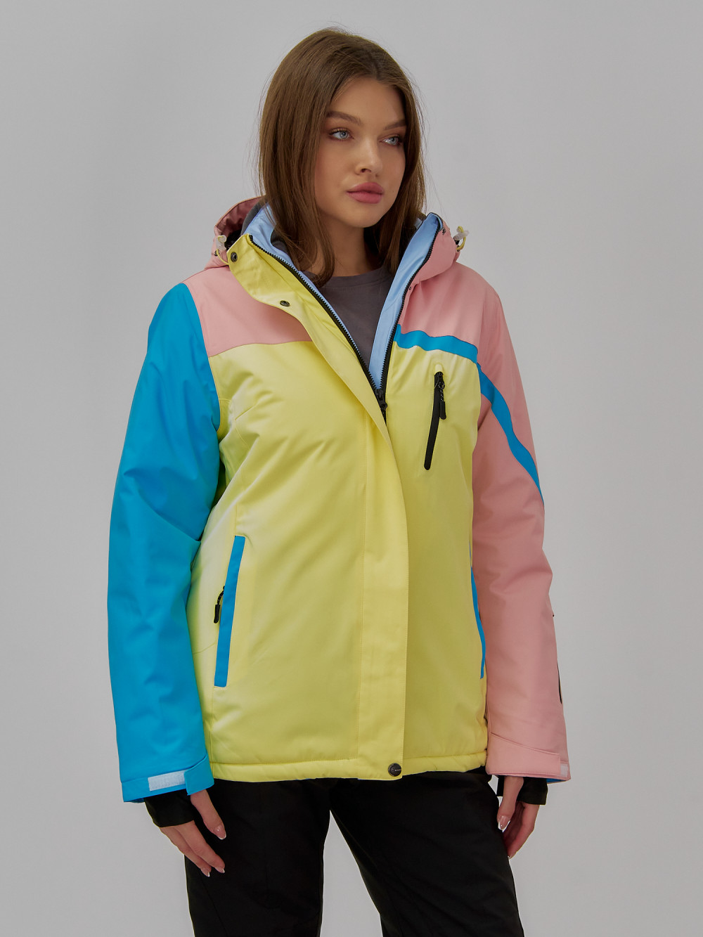 Горнолыжная куртка женская зимняя желтого цвета 16_1J