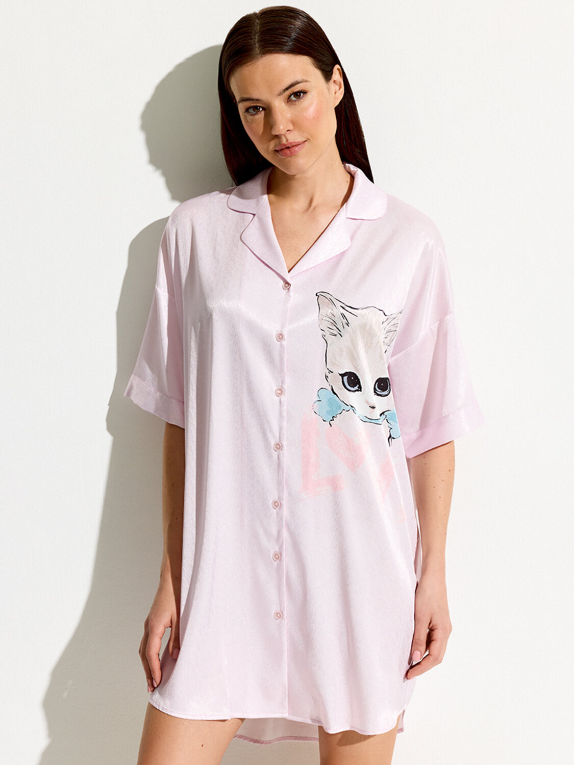 ст. цена2200руб.! Omsa Рубашка OmD 0617D CATS Рубашка пижамная OVERSIZE (спущенный рукав 3/4)Perla (Розовый)