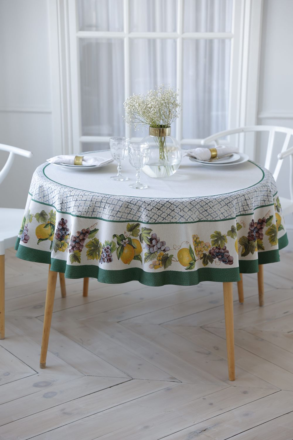Жюра Виноград и лимоны зеленый бордюр Скатерть круг д165 см 2107928