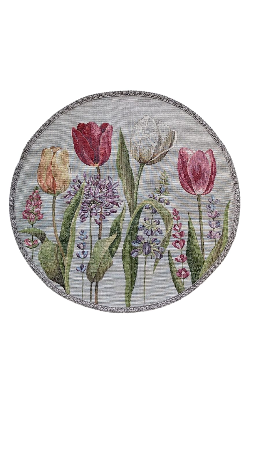 Тюльпаны моей любимой серый фон Салфетка д46 см 2517741 тесьма платина