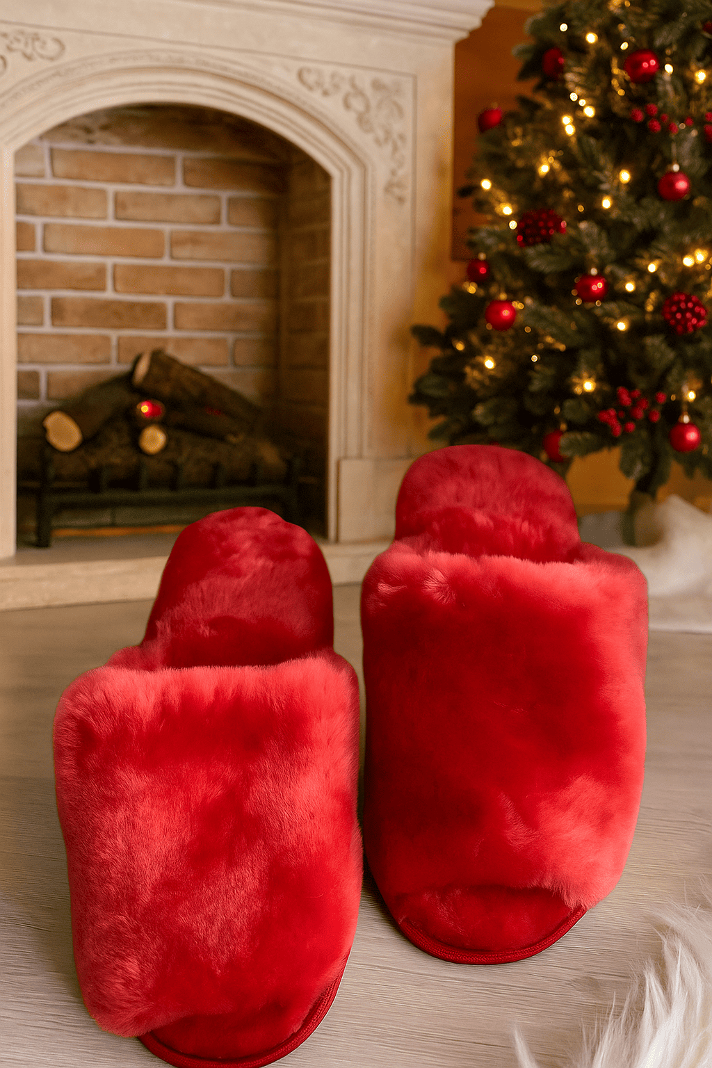 Тапочки из овчины/открытые/темный коралл