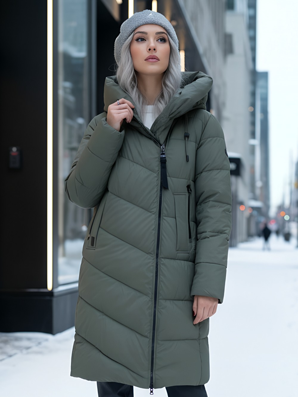 Пальто зимнее утепленное с капюшоном женское цвета хаки 1318Kh