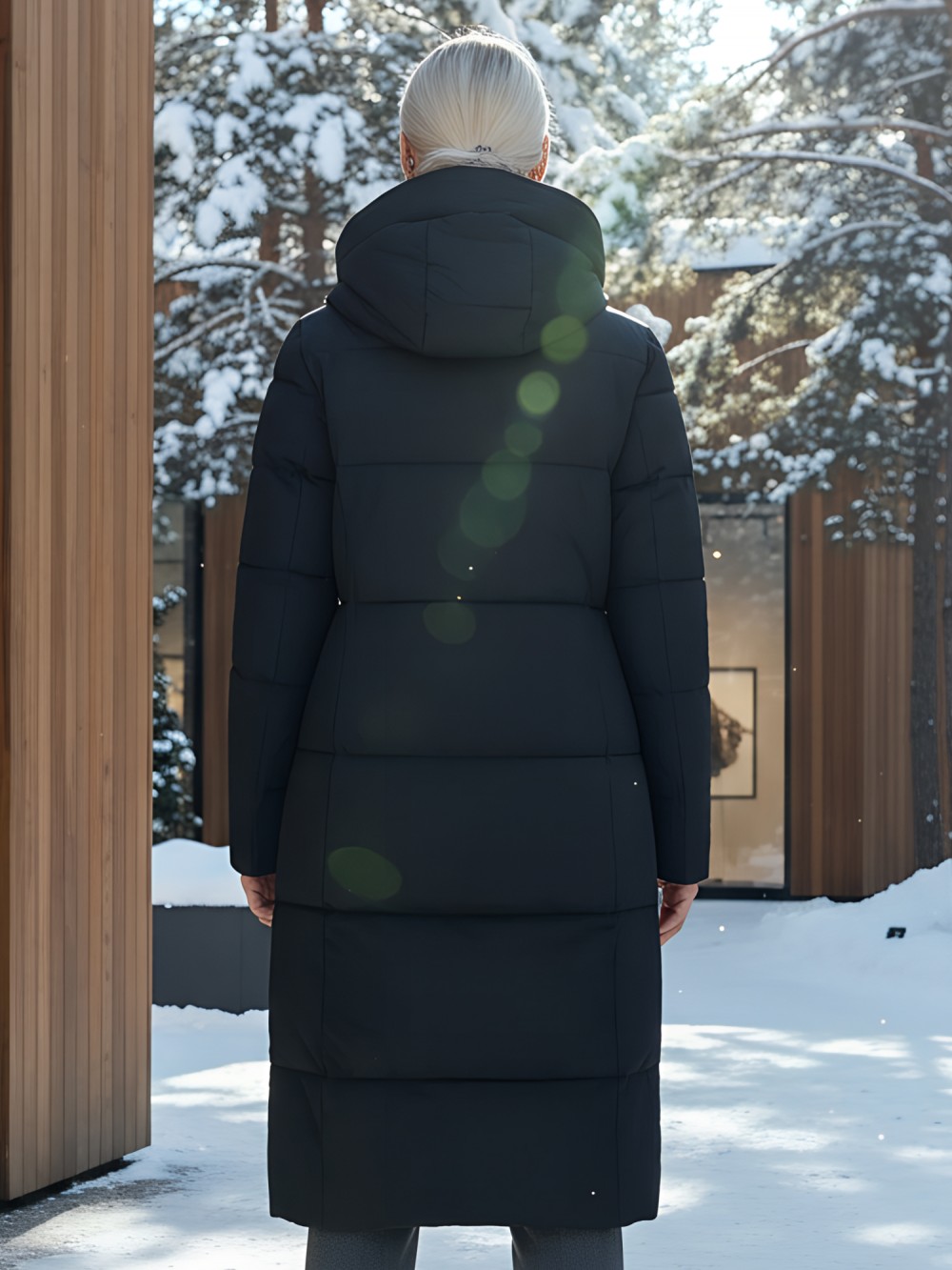 Пальто утепленное стеганное зимнее с капюшоном женское черного цвета 9601Ch