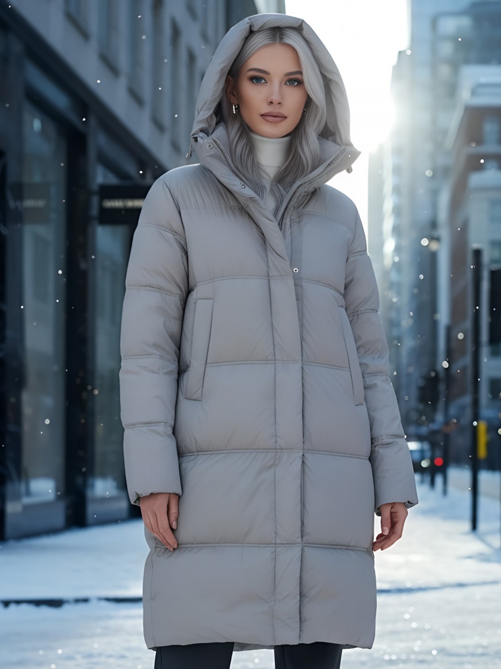 Пальто зимнее утепленное с капюшоном женское бежевого цвета 7618B